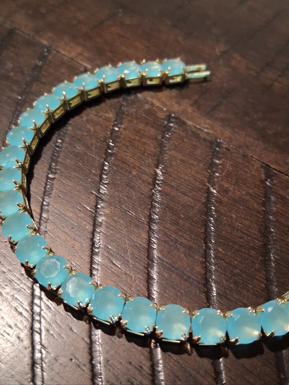 Gold Tennis Bracelet with Iced Light Aqua Blue Stones - Picture 3 of 4